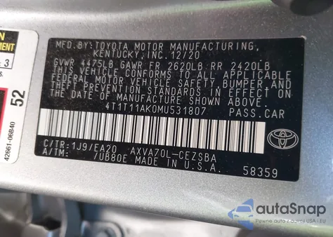 2021 Toyota Camry Se из США, поврежденный, VIN 4T1T11AK0MU531807